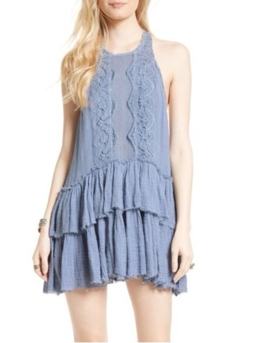 Free People Dusty Blue Ruffle Halter Mini Dress